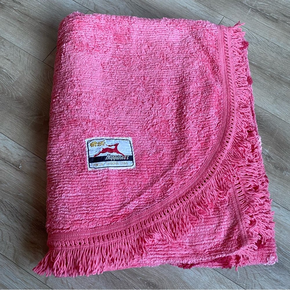 Vintage Chenille quilt coverlet blanket pink dusty rose Buddha face Shanghai - Picture 9 of 16